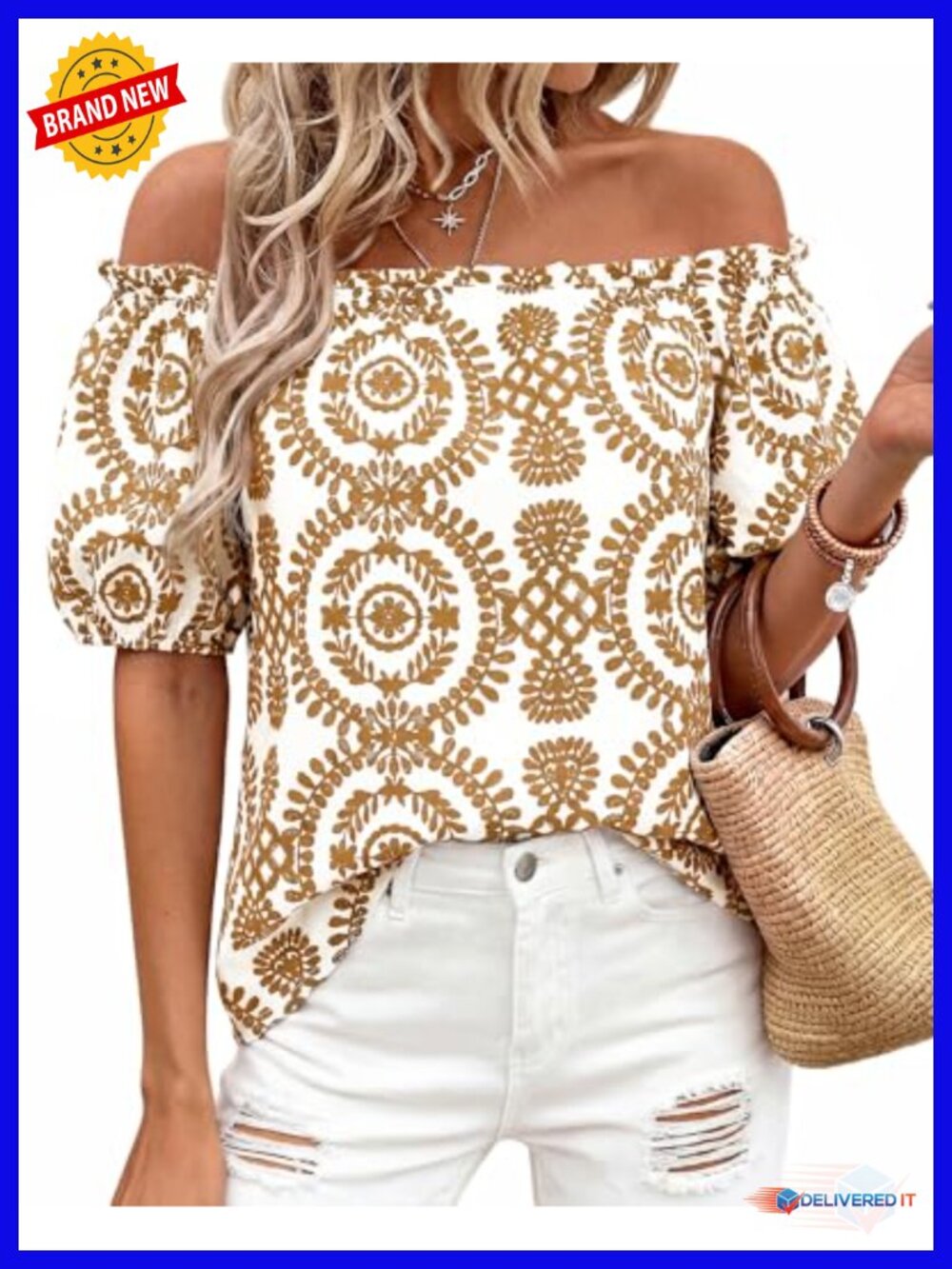 Off Shoulder Boho Blouse Floral Puff Sleeve Cotton Summer Beach Vacation Top